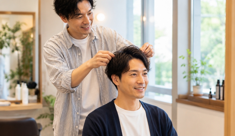 お客様の髪をスタイリングする美容師